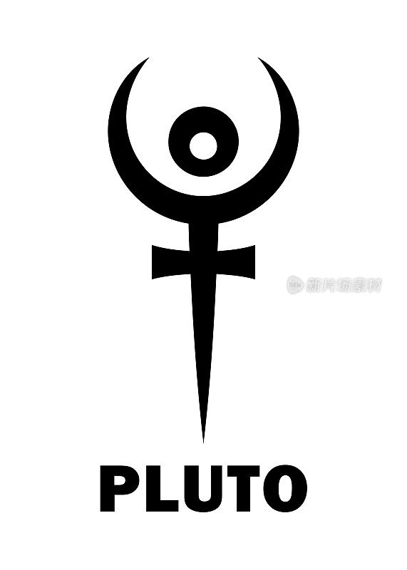 Astrology Alphabet: PLUTO (Hades), dwarf planet / planetoid. Astrological character, mystic hieroglyphic sign, modern modified symbol (meaning cap of invisibility and bident, or the staff of Hades).